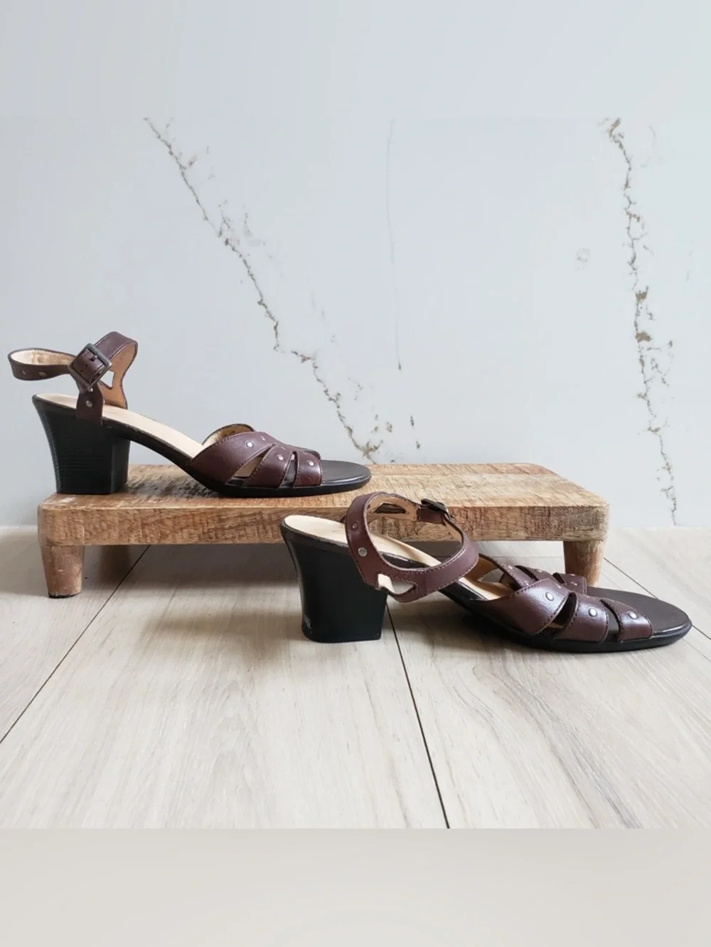 Clarks Brown Leather Block Heel Sandals with Ankle Buckle - Picture 3 of 8